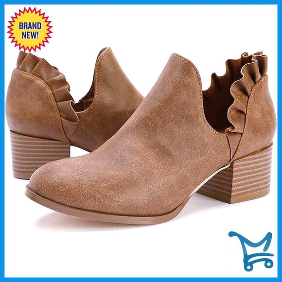 Shoes - Faux Leather Ankle Booties with Cutout Side and Stacked Heel